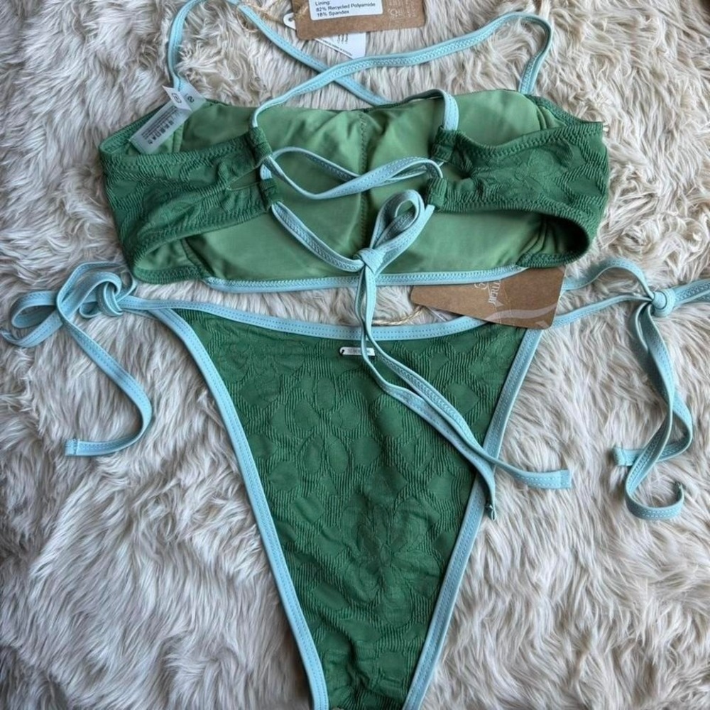Berlook Floral Jacquard X Cross Bikini Dark Green Blue SMALL NWT - Picture 4 of 7